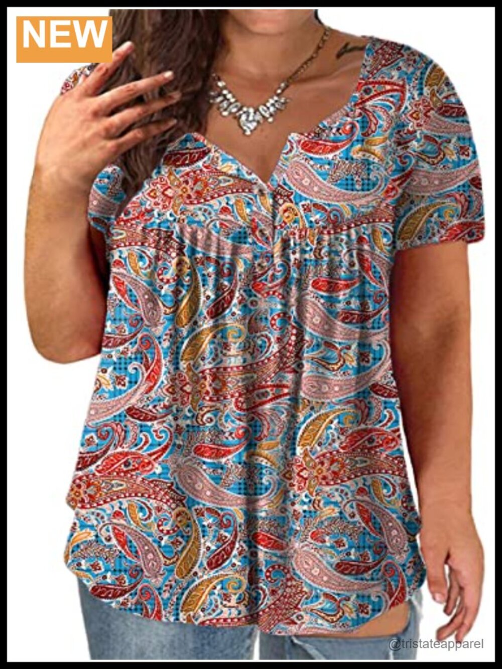 Plus Size Henley Tunic Top Flowy Ruffle Short Sleeve Rayon Stretch